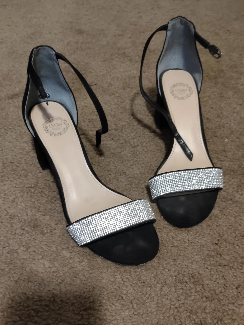 Black Ankle-Strap Block Heels with Rhinestone Toe Band